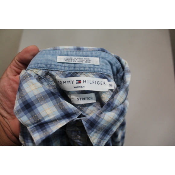 Tommy Hilfiger Woman Blue Plaid Stretch Button Down Casual Size 16 - Picture 3 of 7